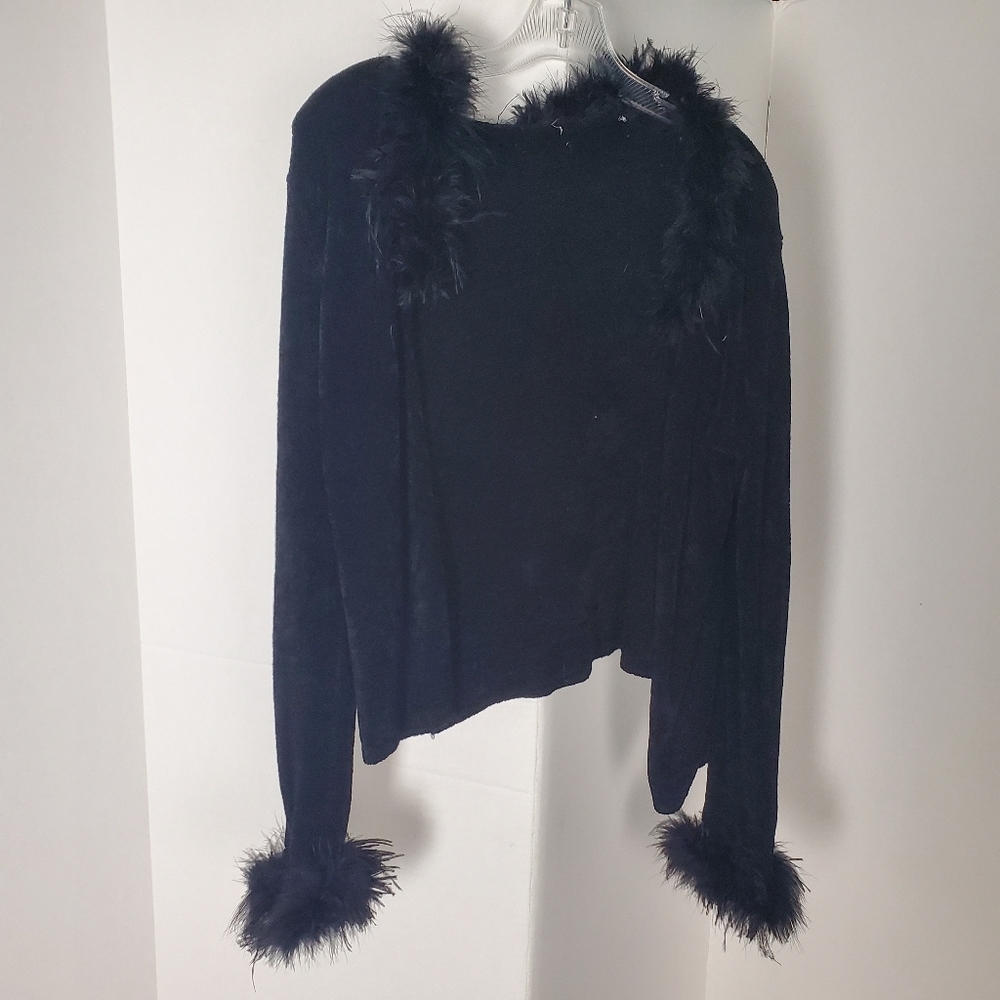 Black Feather Trim Cardigan Sweater
